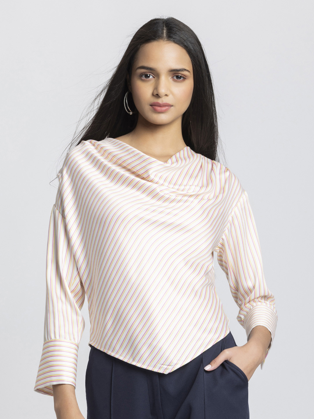 Navy & White Stripe Cowl Neck Top