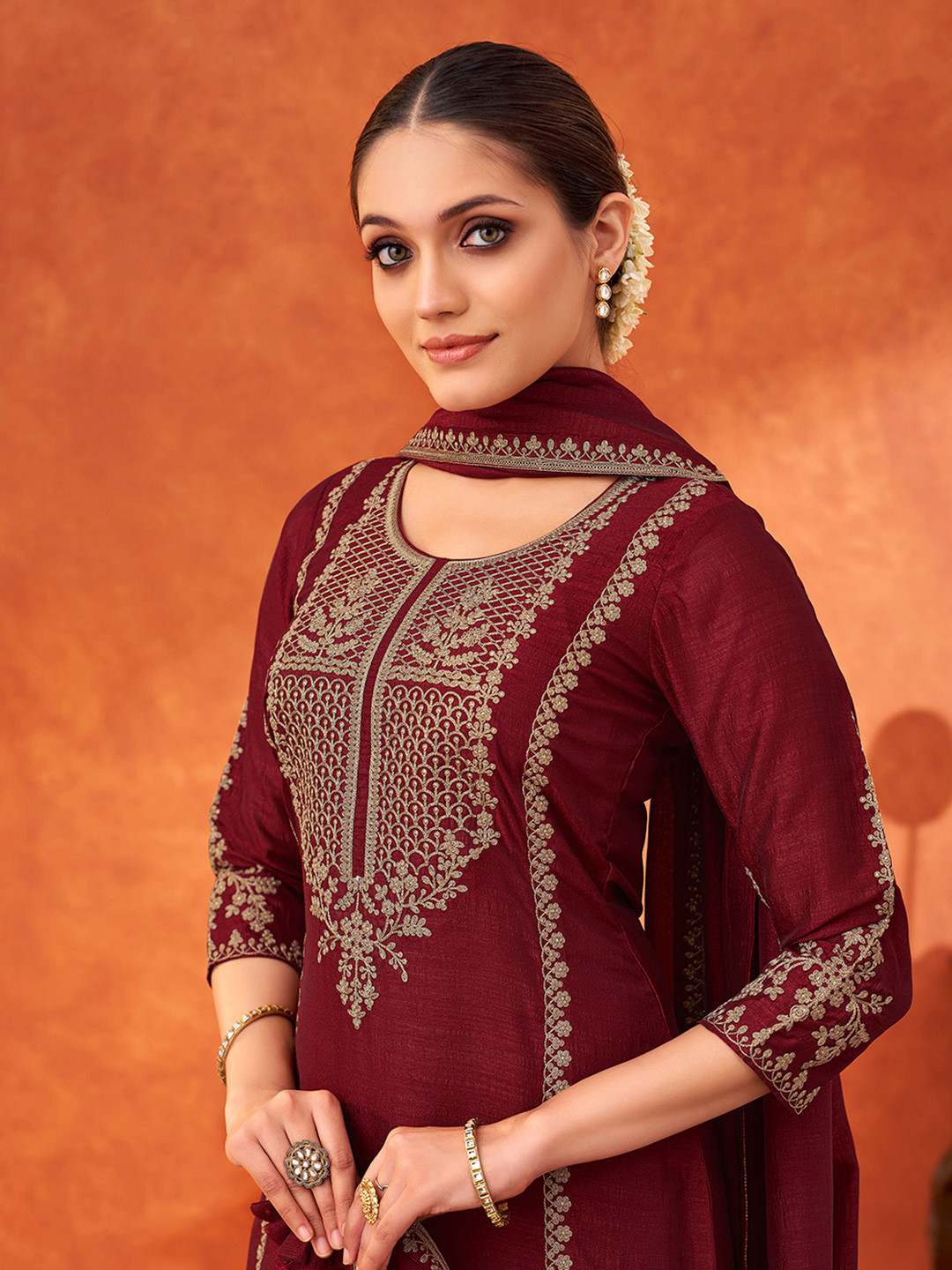 Men Maroon & Golden Ethnic Motifs Jacquard Silk Kurta main image 0