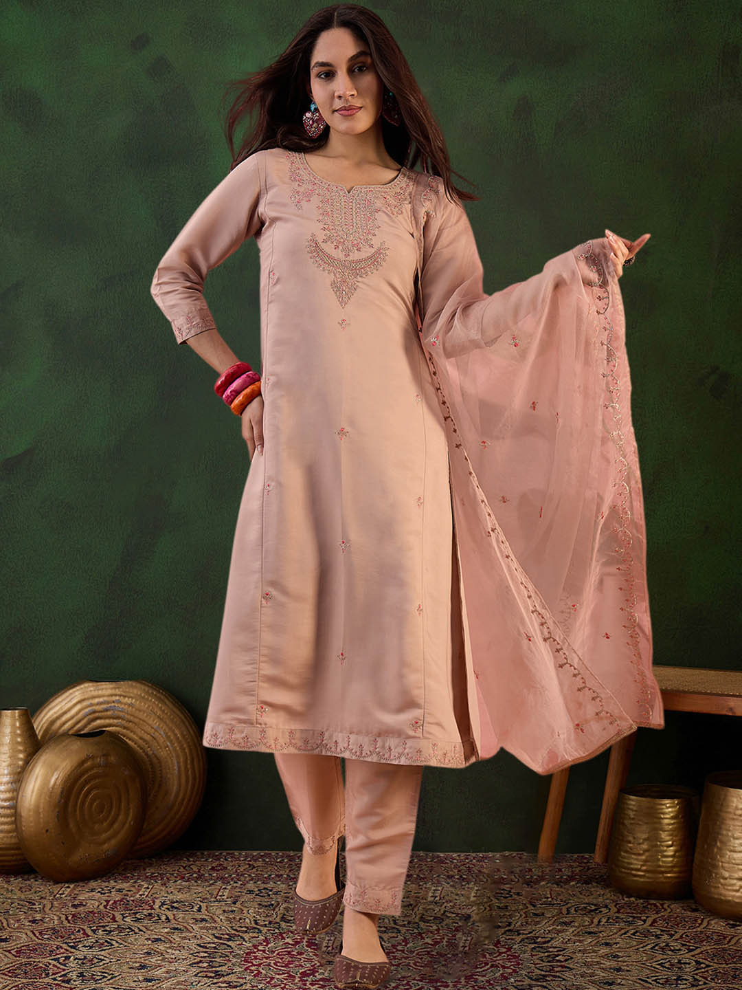 Zari Embroidered A-Line Kurta & Trousers With Dupatta