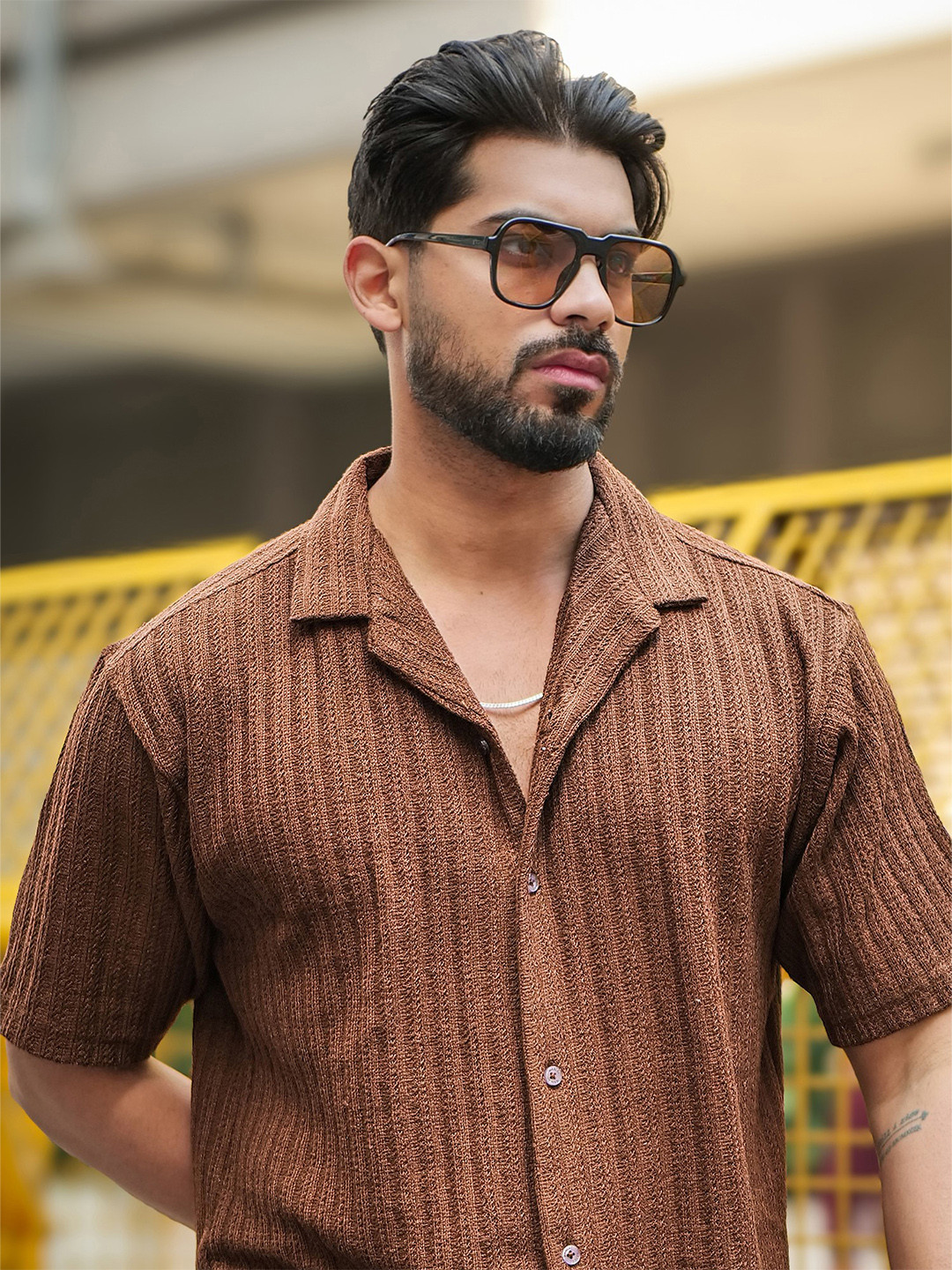 Men's Blue Geometric Cuban Collar Relaxed Fit Shirt