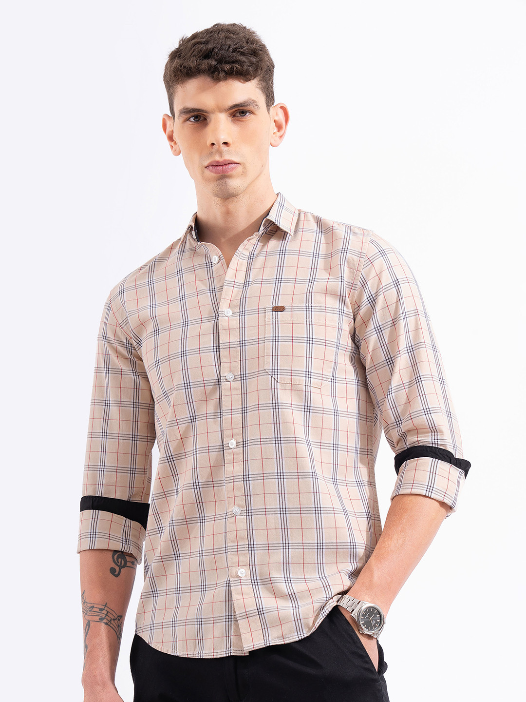 Men's Grey Tartan Checked Standard Slim Fit Cotton Opaque Casual Shirt main image 1