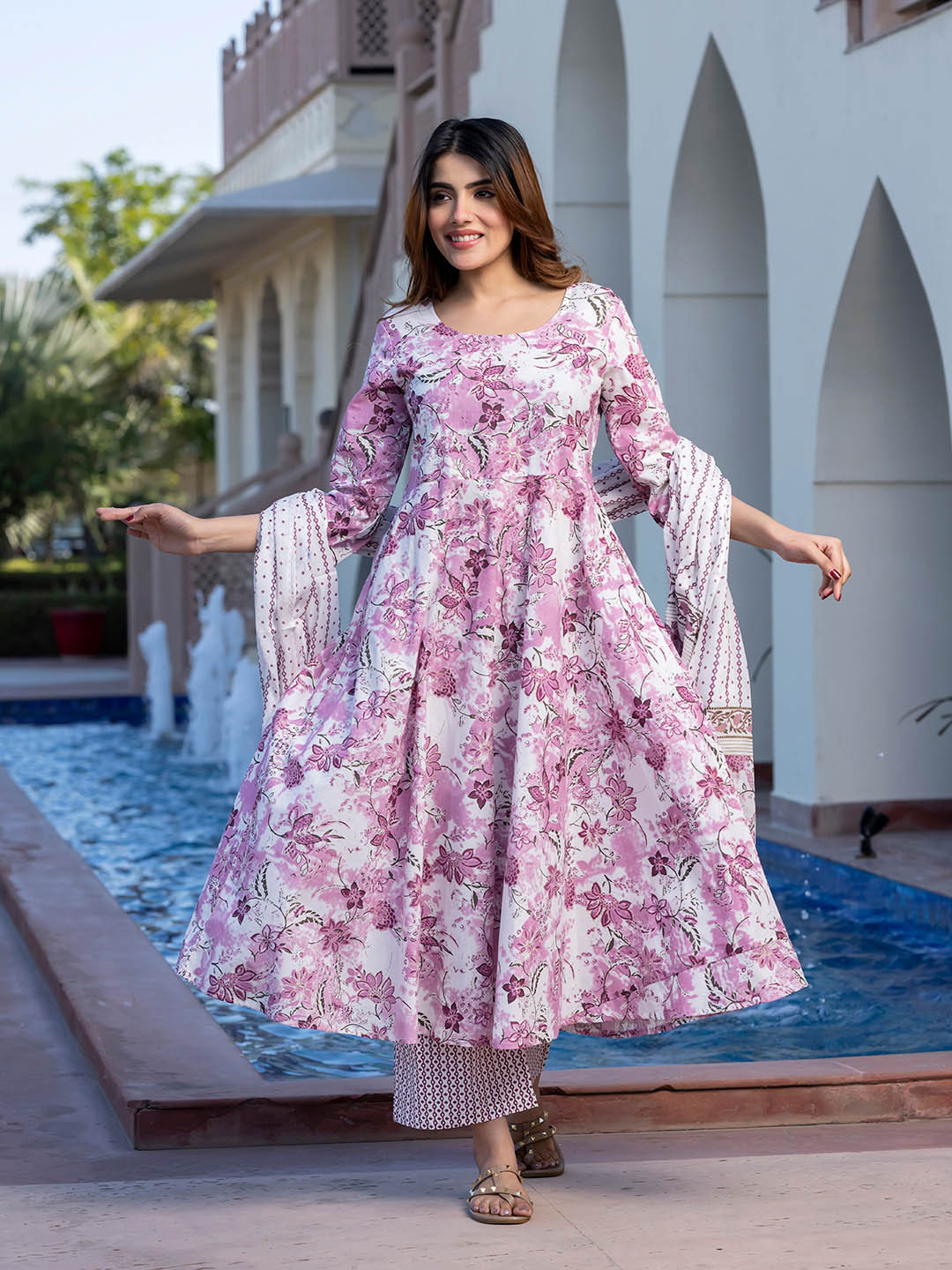 Women Cotton Printed Anarkali Kurta, Bottom & Dupatta Set