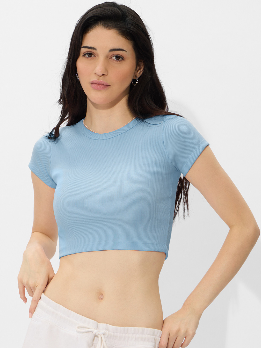 Buy The Souled Store Women Solids: Carolina Blue Crop Top - Tops for