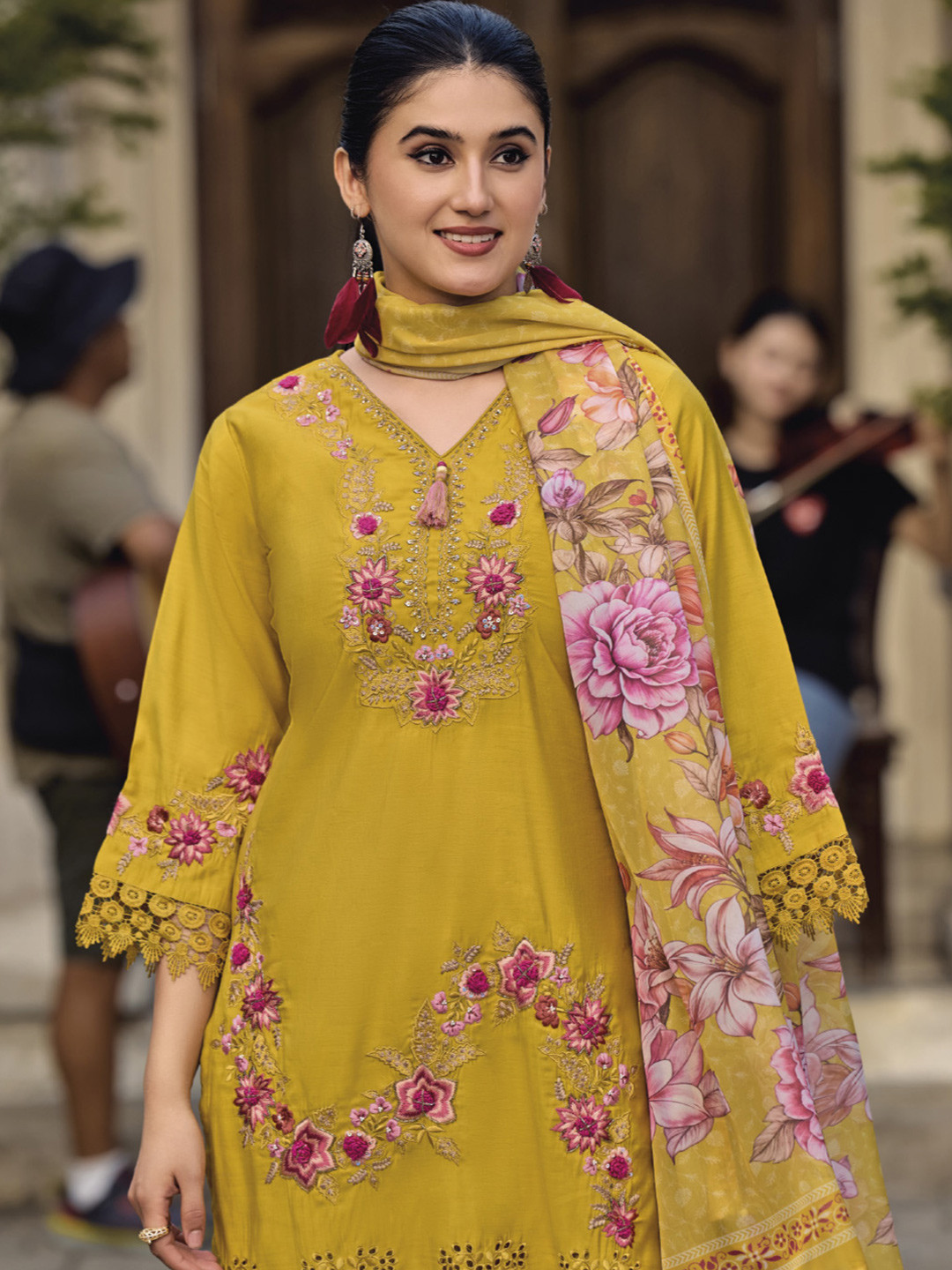 Floral Printed V-Neck Angrakha Thread Work Pure Cotton Kurta with Trousers & Dupatta