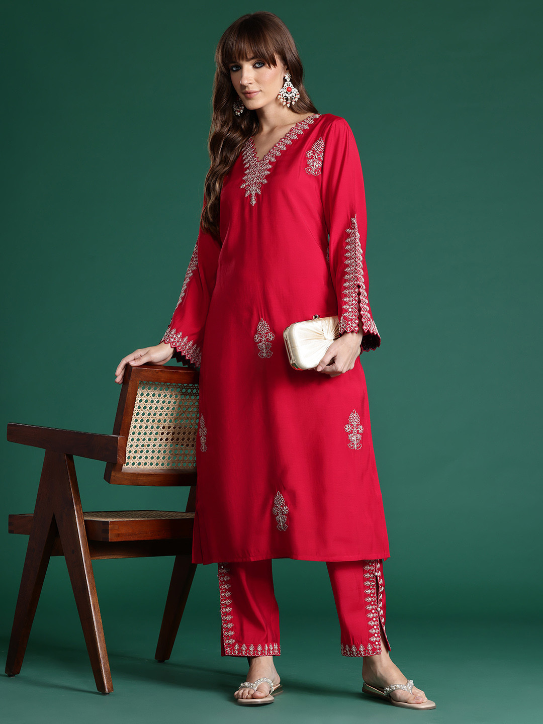 Indo Era Red Solid Straight Kurta Trouser Sets