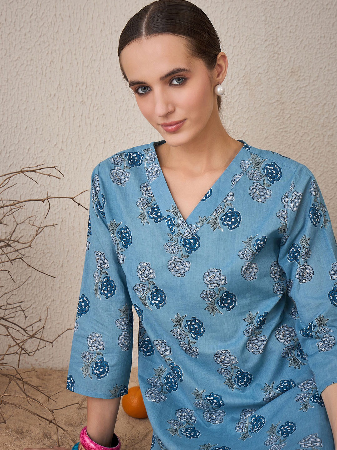 Indo Era Blue Floral Printed A-line Kurtas