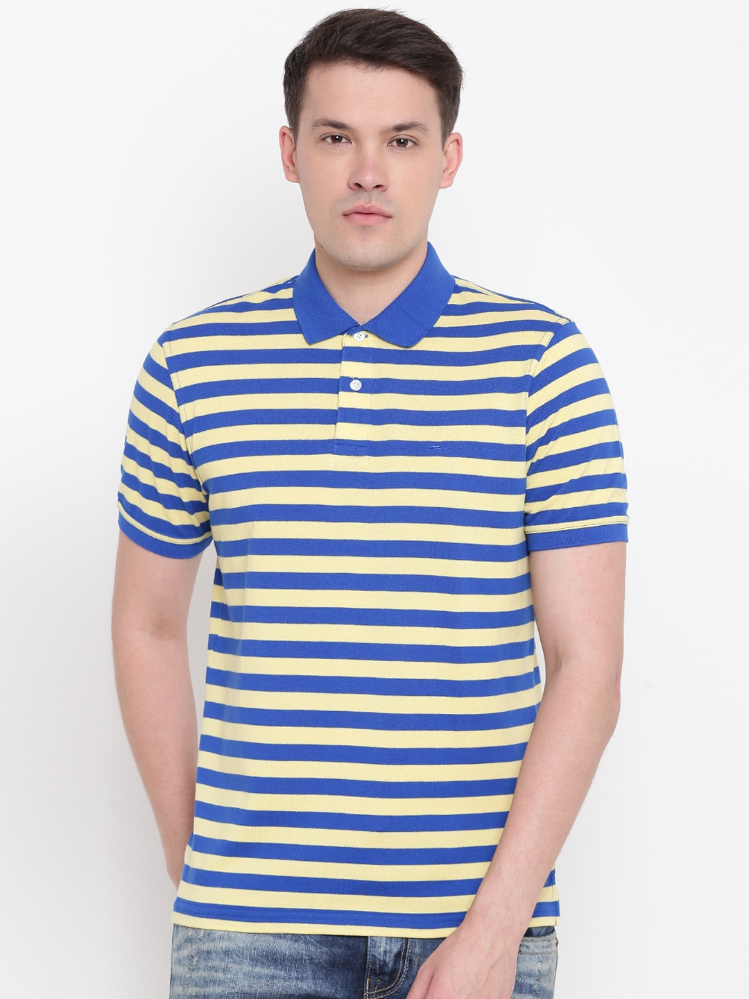 Buy Peter England Men Blue & Yellow Striped Polo Collar T Shirt