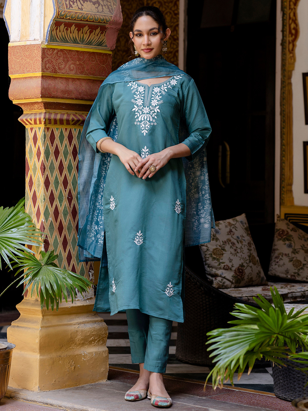 Black Ethnic Motifs Embroidered Thread Work Tie-Up Neck Kurta With Trousers & Dupatta