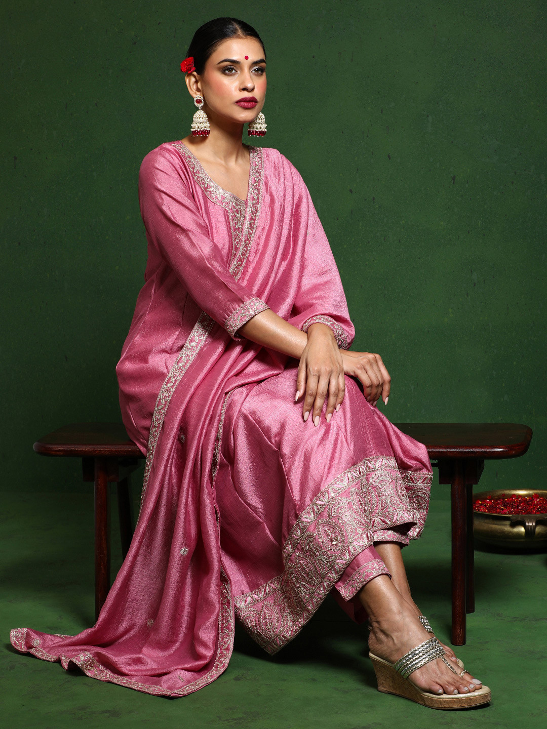 Embroidered Round Neck Kurta with Trousers & Dupatta