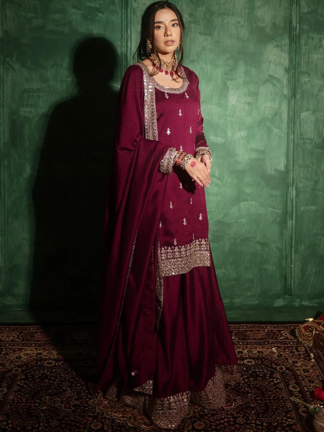 Women Ethnic Motifs Printed Sequinned Detail Straight Kurta & Palazzos With Dupatta