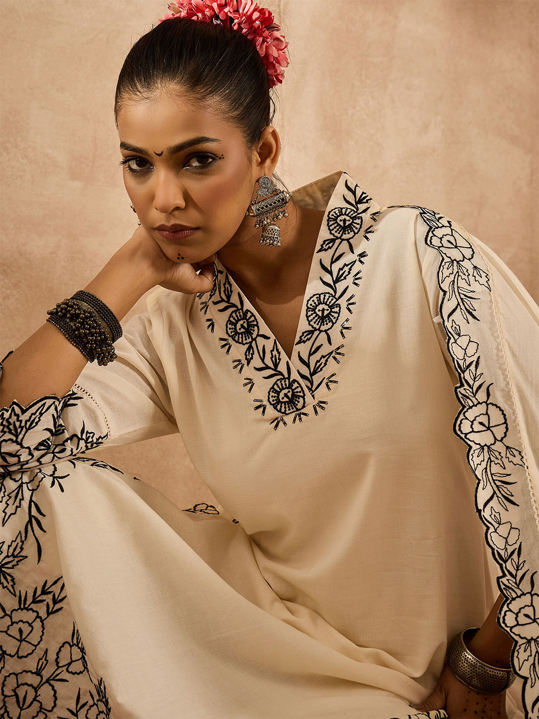 Indo Era Mustard Yellow Floral Embroidered Kurta With Trousers & Dupatta