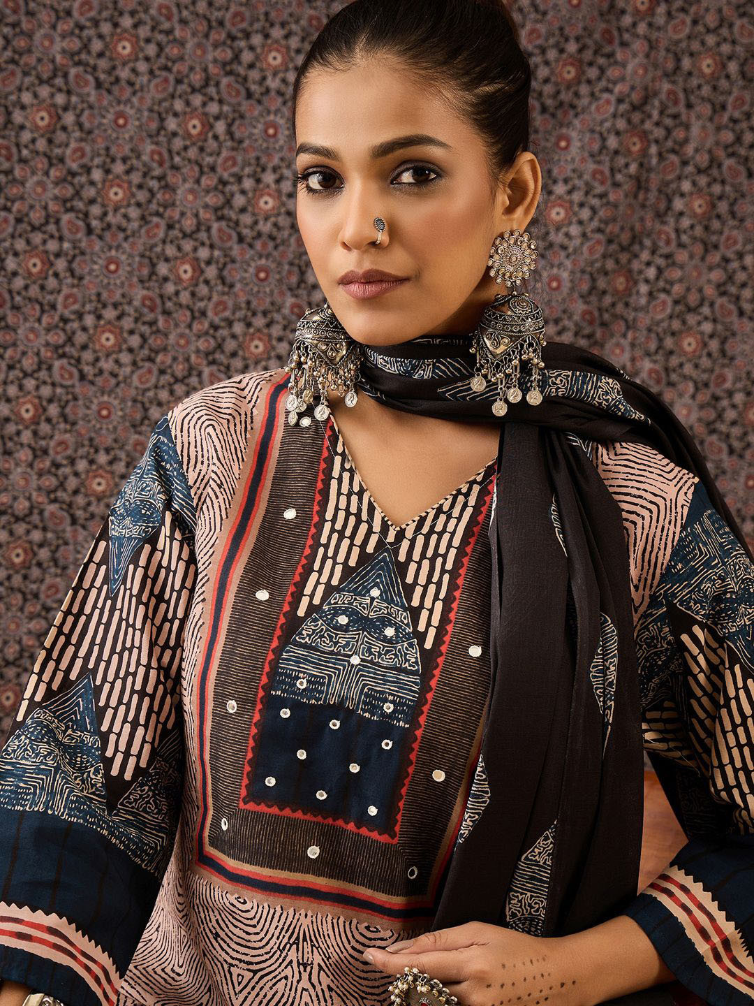 Indo Era Grey Women Ethnic Motifs Printed Flared Sleeves Kaftan Kurta