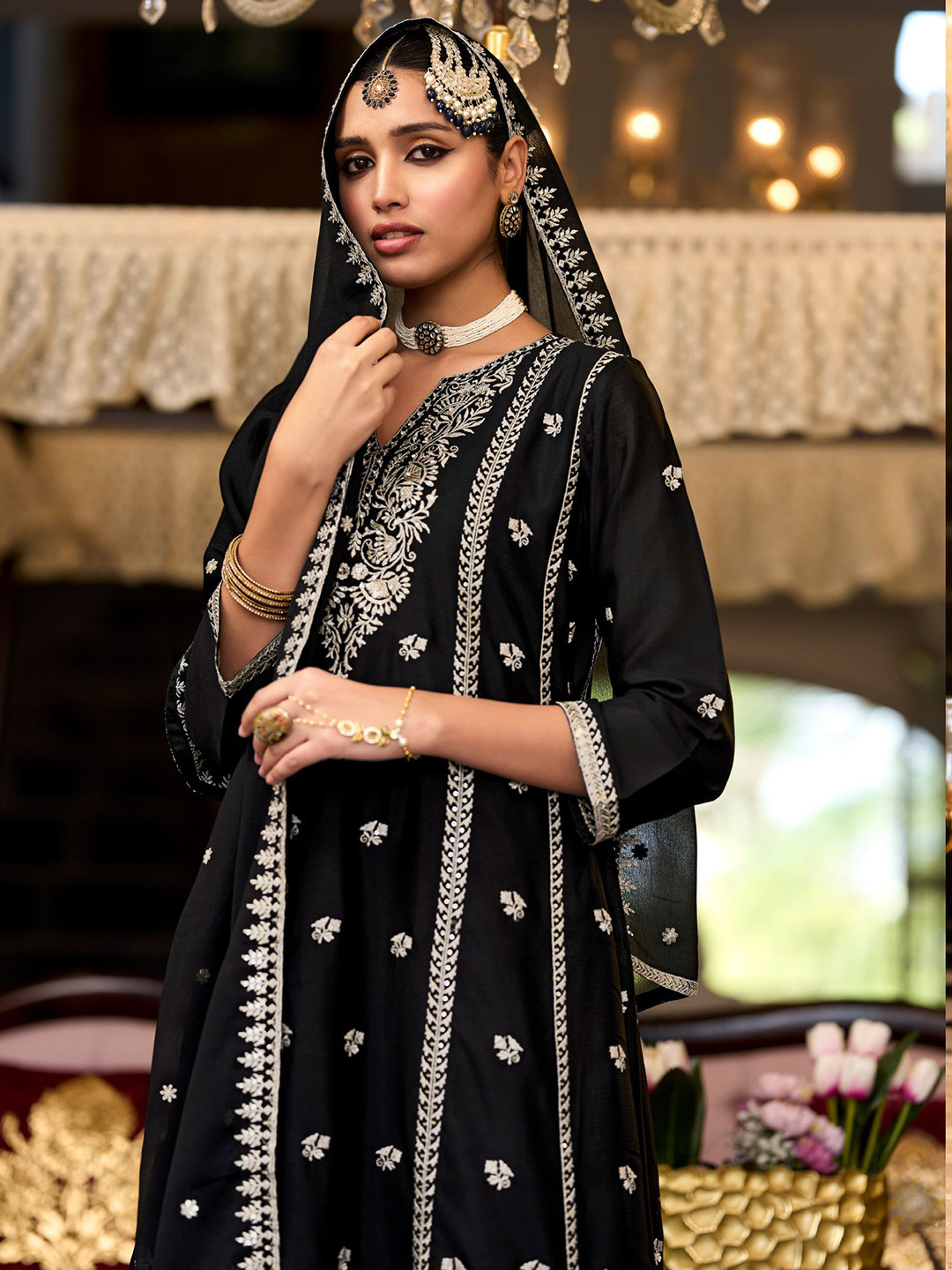 Indo Era Burgundy Embroidered Straight Kurta Trousers With Dupatta set