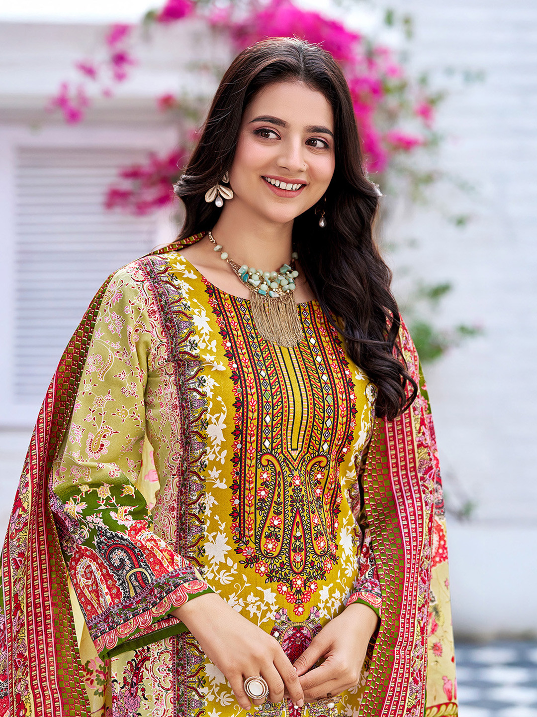 Women's Multi Floral Printed Tie-Up Neck Beads & Stones Thread Work Kurta Set With Dupatta