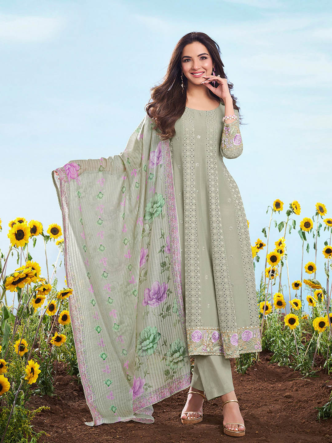 Floral Embroidered Round Neck Thread Work Anarkali Kurta With Trousers & Dupatta