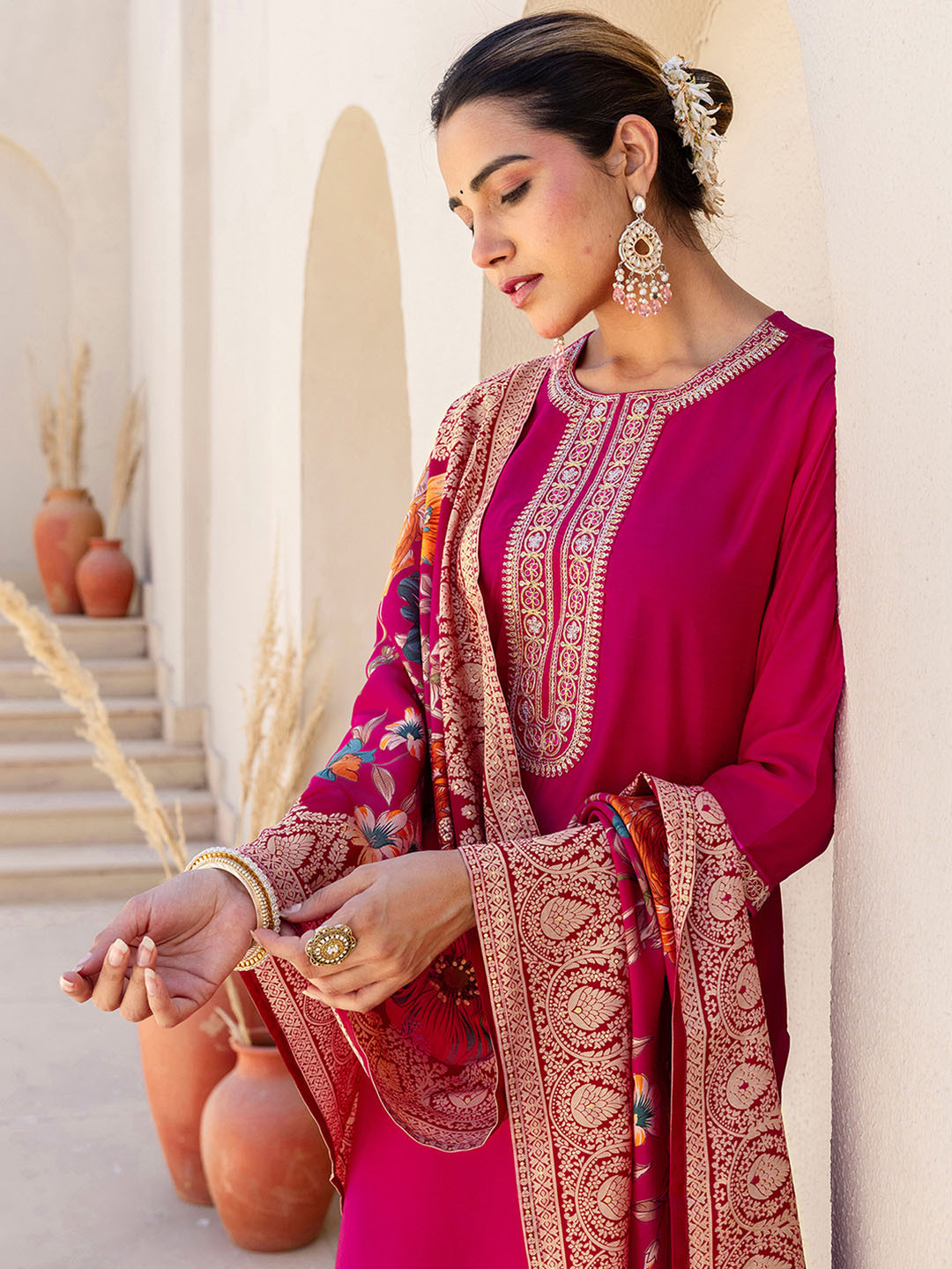 Women's Magenta Ethnic Motifs Empire Sequinned Kurta Set
