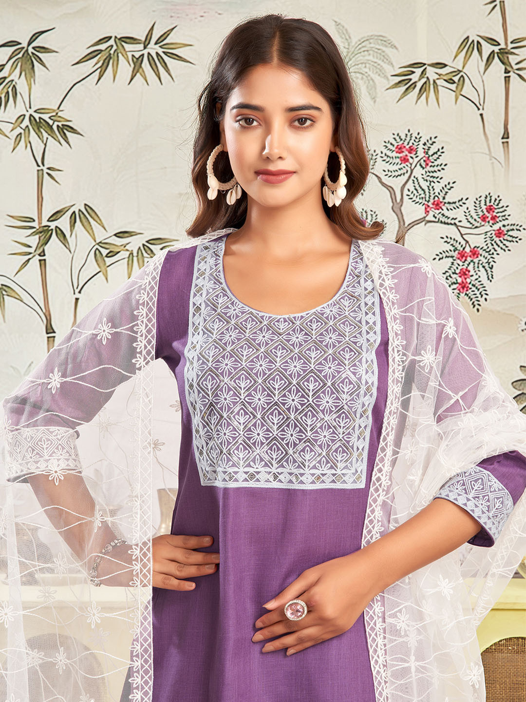 Women's Grey Floral Yoke Design Kurta Set With Dupatta