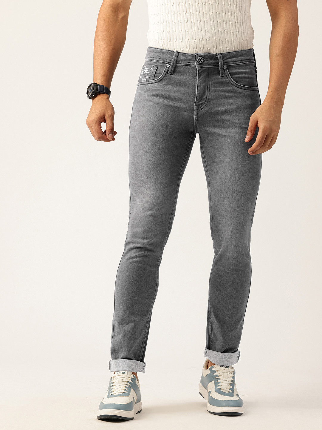 Mid-waistline slim self-edge jeans
 for men