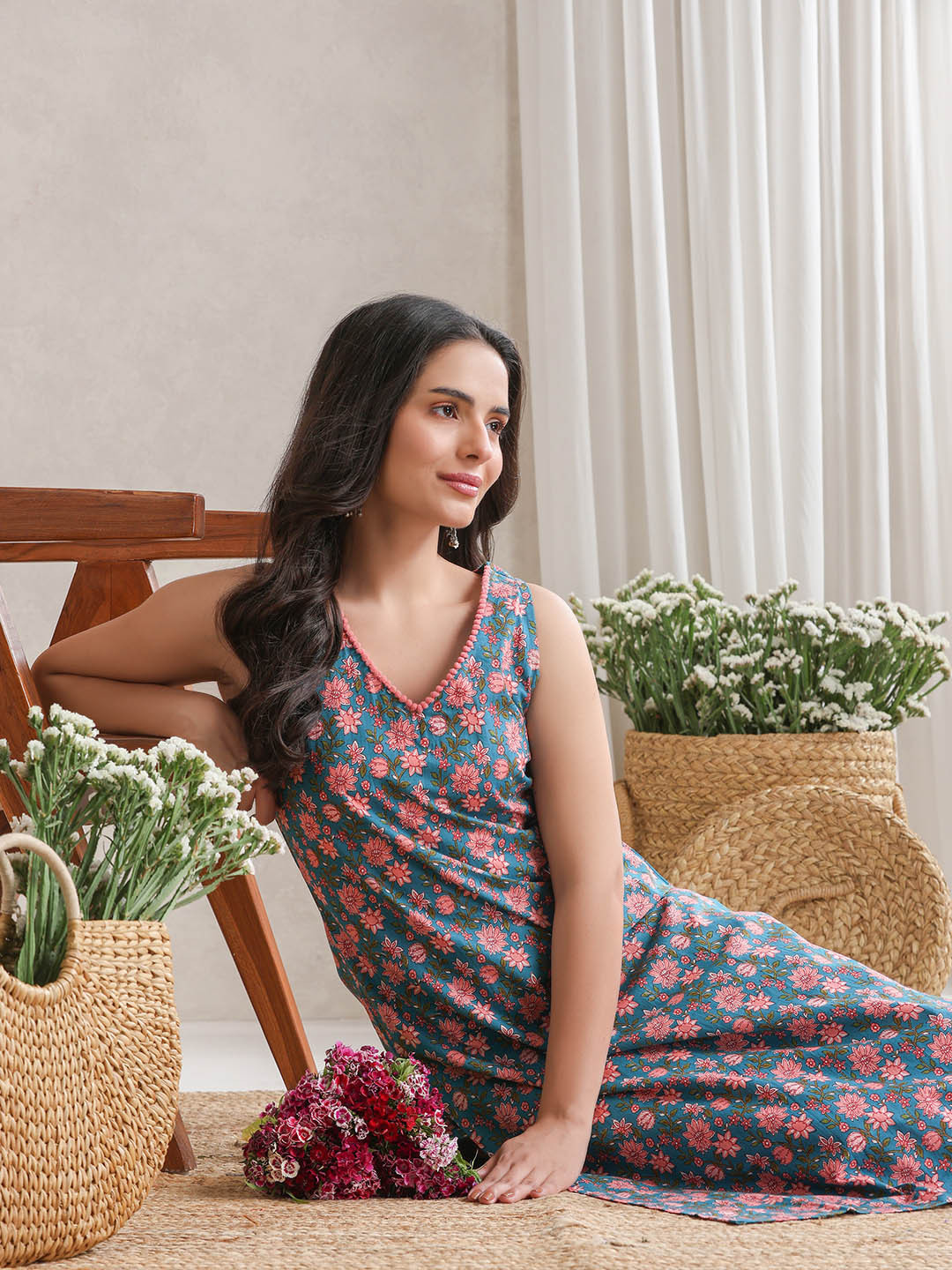 V-Neck Pure Cotton Straight Kurta with Trousers & Palazzos