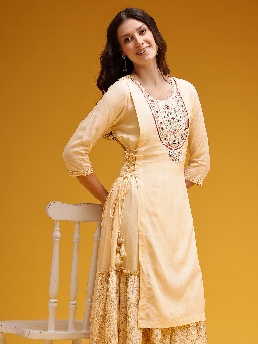 Floral Ethnic Pure Cotton Tiered Midi Dress For Women
