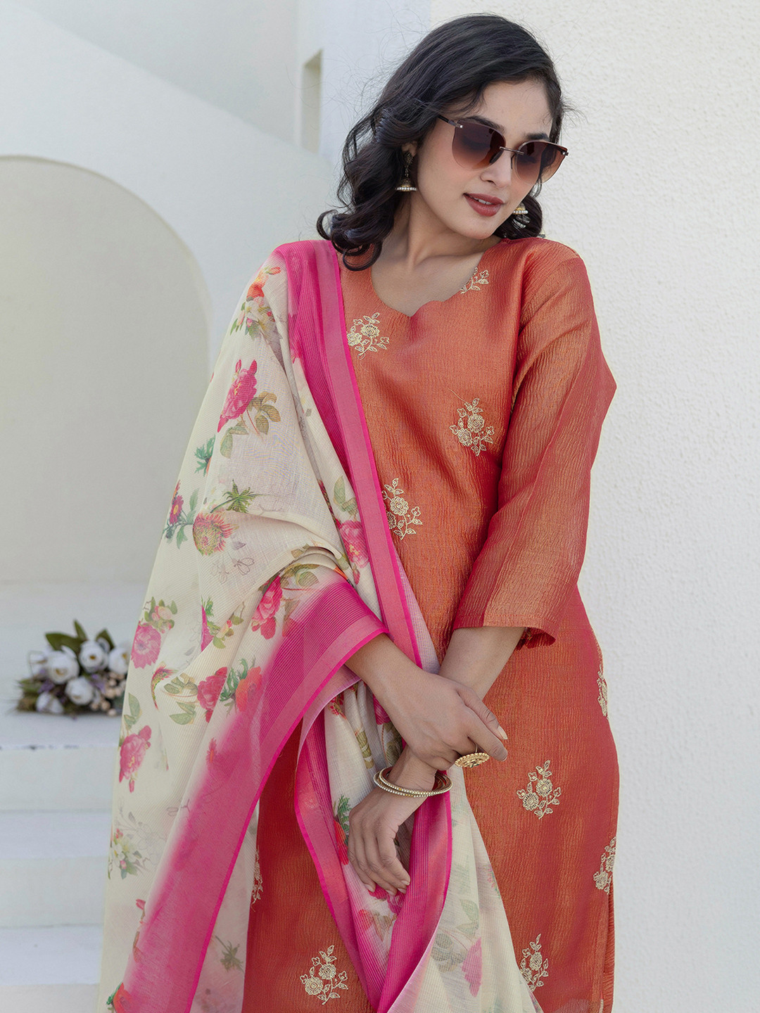 Blue Floral Embroidered Scoop Neck Sequinned Straight Kurta With Trousers & Dupatta
