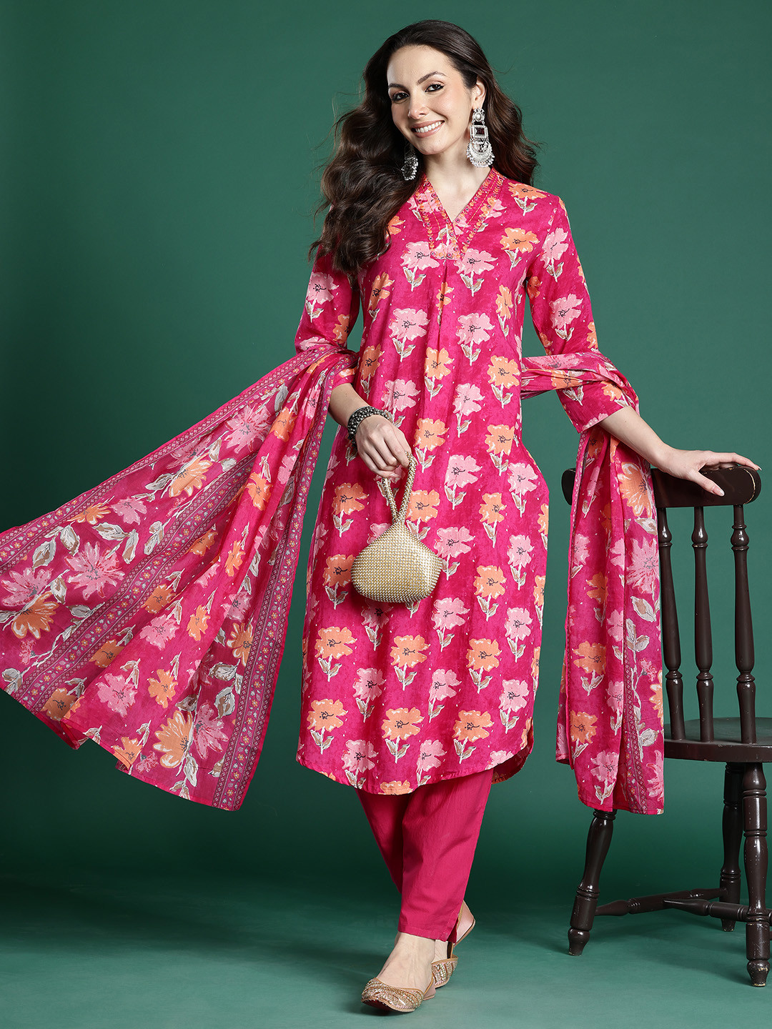 Indo Era Pink Printed A-Line Kurtas