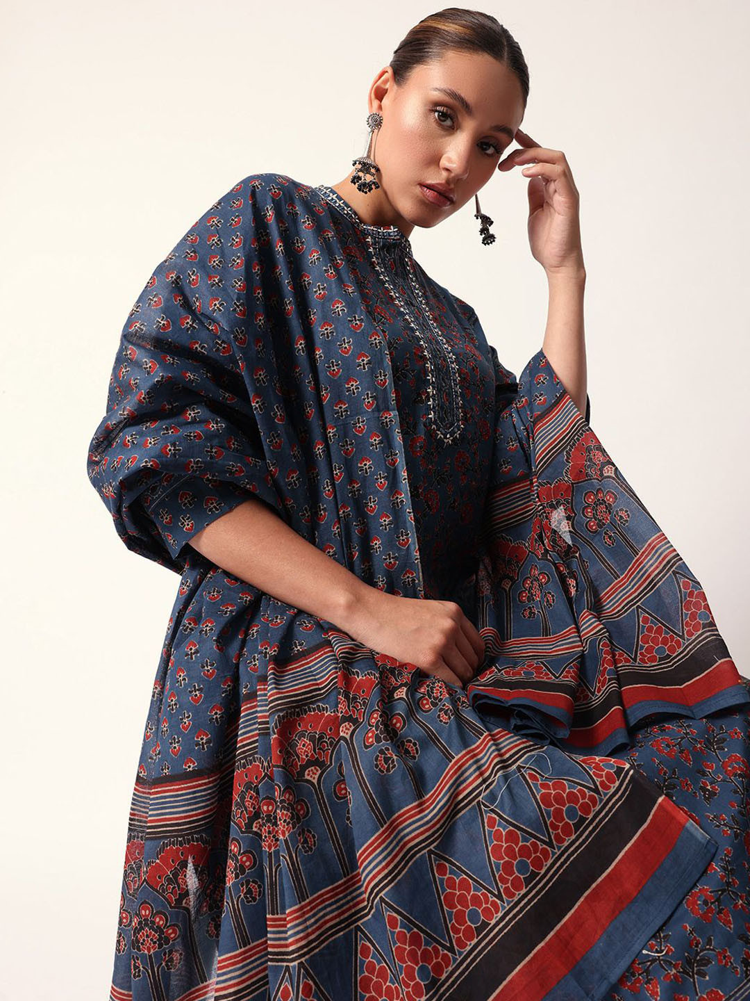 Ishin Women's Cotton Kurta Palazzo Set - Embroidered Blue Ethnic Outfit, Size 2XL (XX-Large)