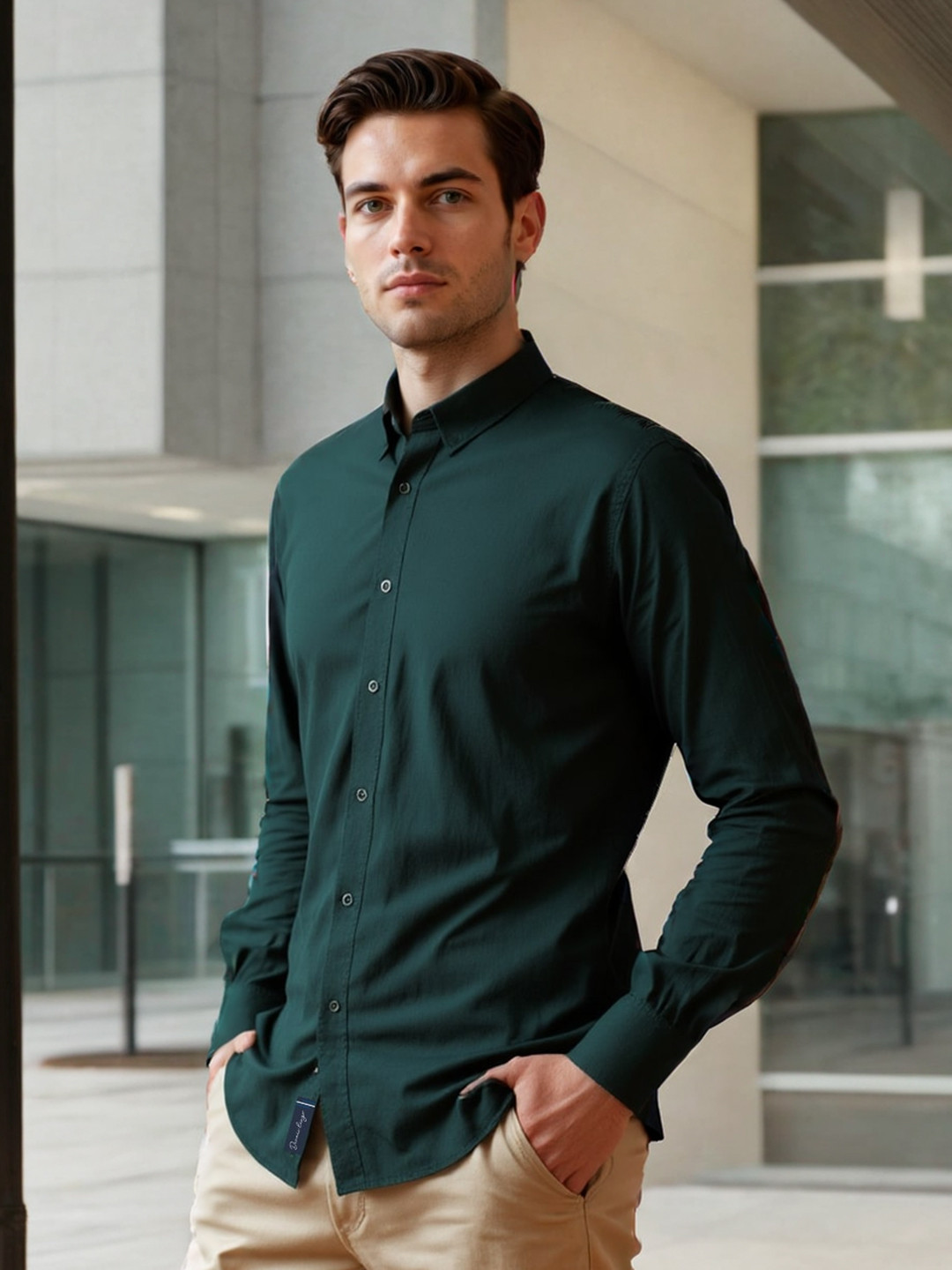 Olive Moderno Fit Men's Long Sleeves Spread Collar Shirt by Being Human Clothing