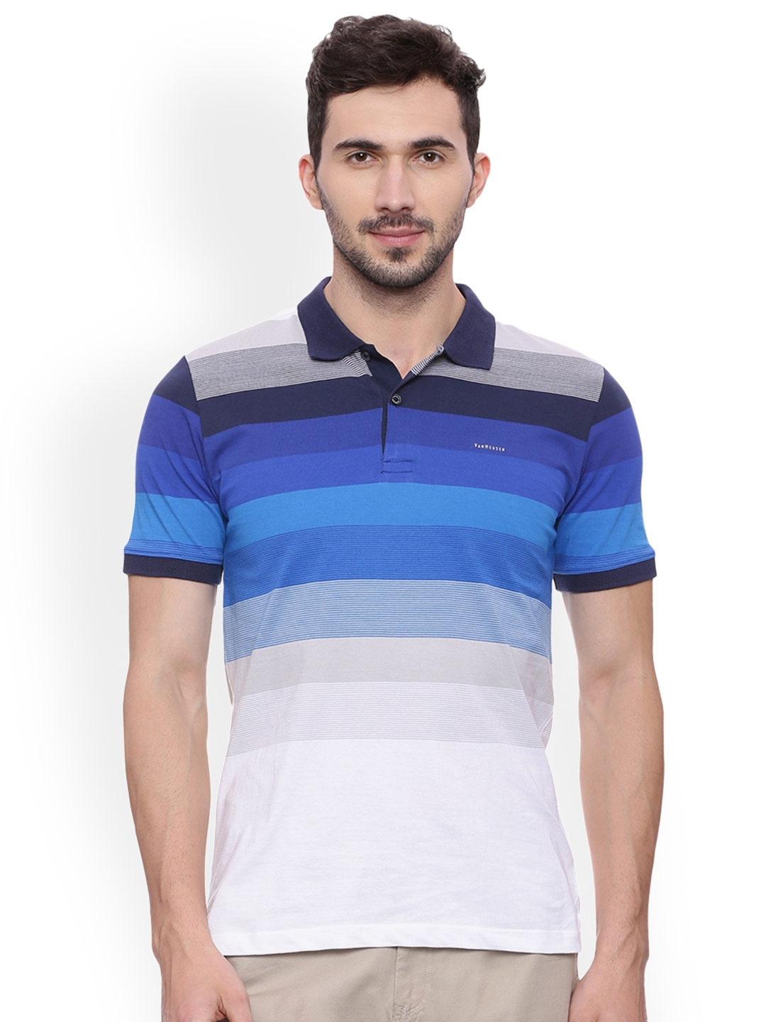 Buy Van Heusen Men Blue Colourblocked Polo Collar T Shirt - Tshirts for ...