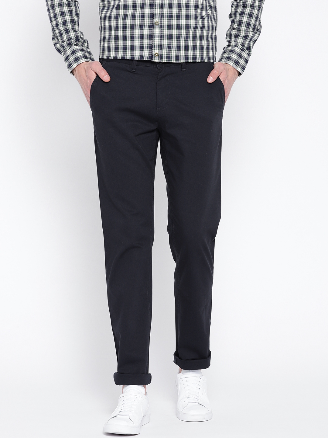 Buy Van Heusen Sport Men Navy Blue Slim Fit Solid Regular Trousers ...
