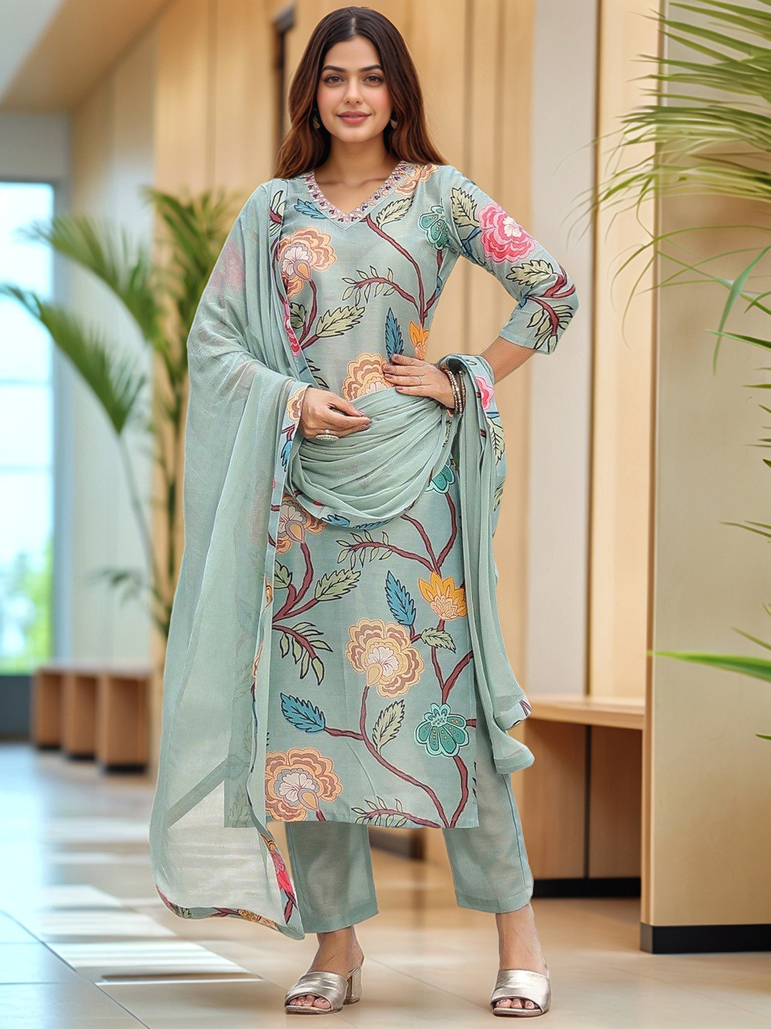 HANI - DAISY IVORY WITH BLUE A-LINE KURTA WITH SALWAR AND DUPATTA main image 0