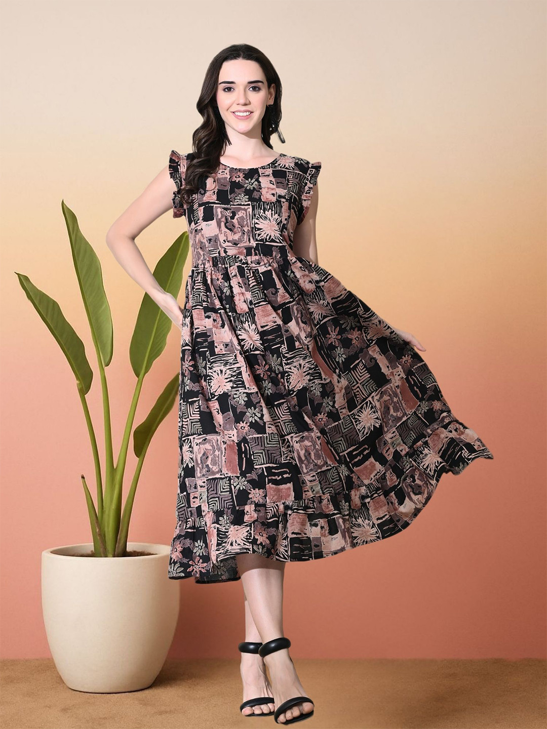 Women Floral Print Fit & Flare Midi Dress
