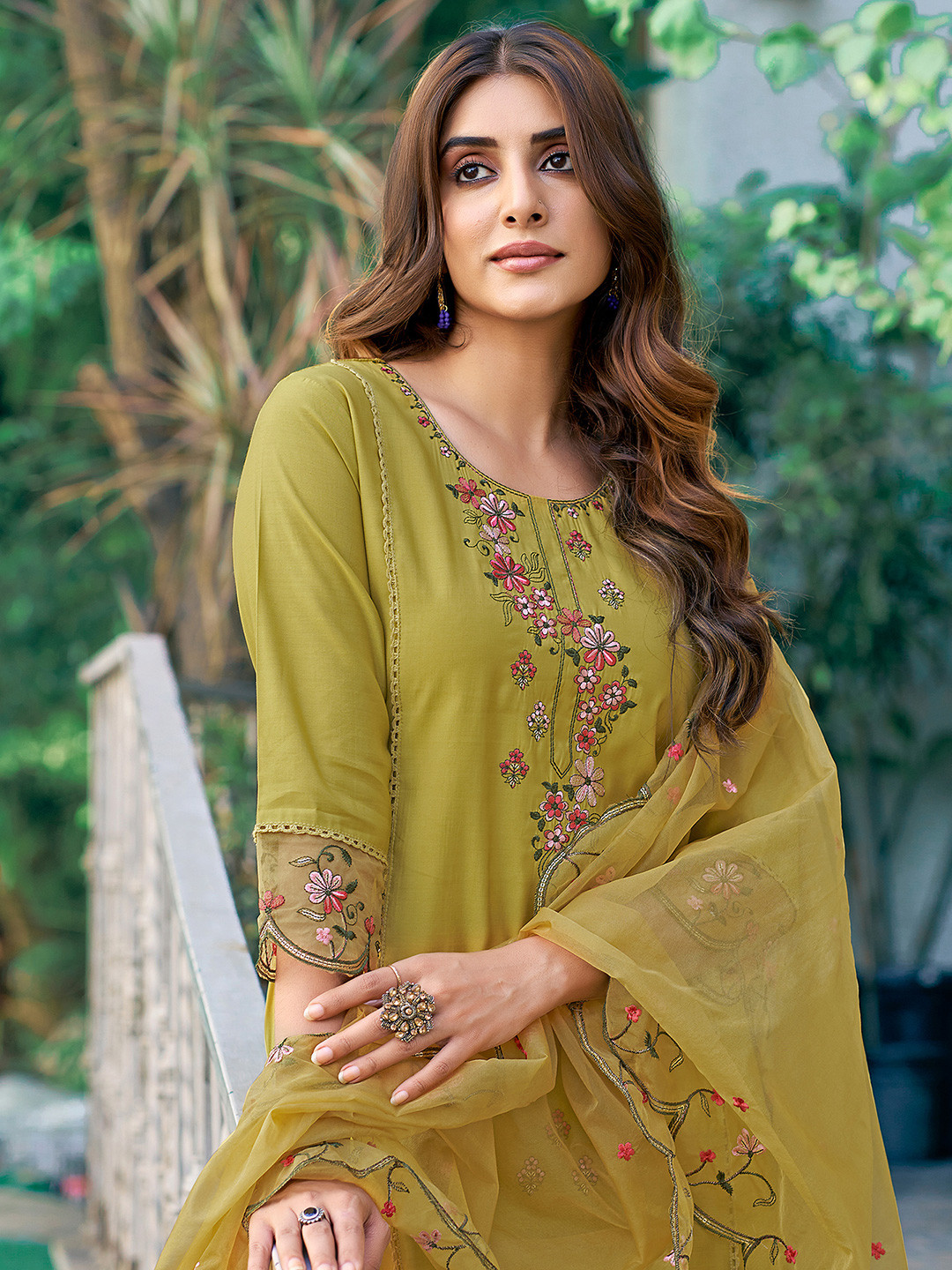 Floral Embroidered Kurta With Trousers & With Dupatta