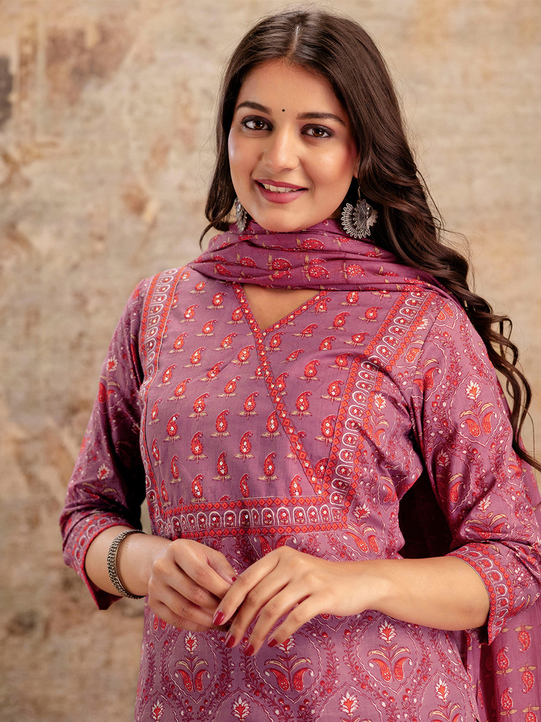 Women Liva Rust Paisley Print Kurta Comfort Pant Dupatta