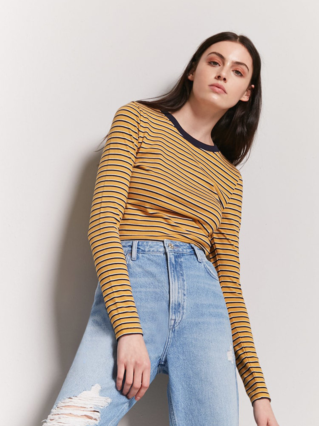 Buy FOREVER 21 Women Mustard Yellow And Blue Striped Round Neck T Shirt