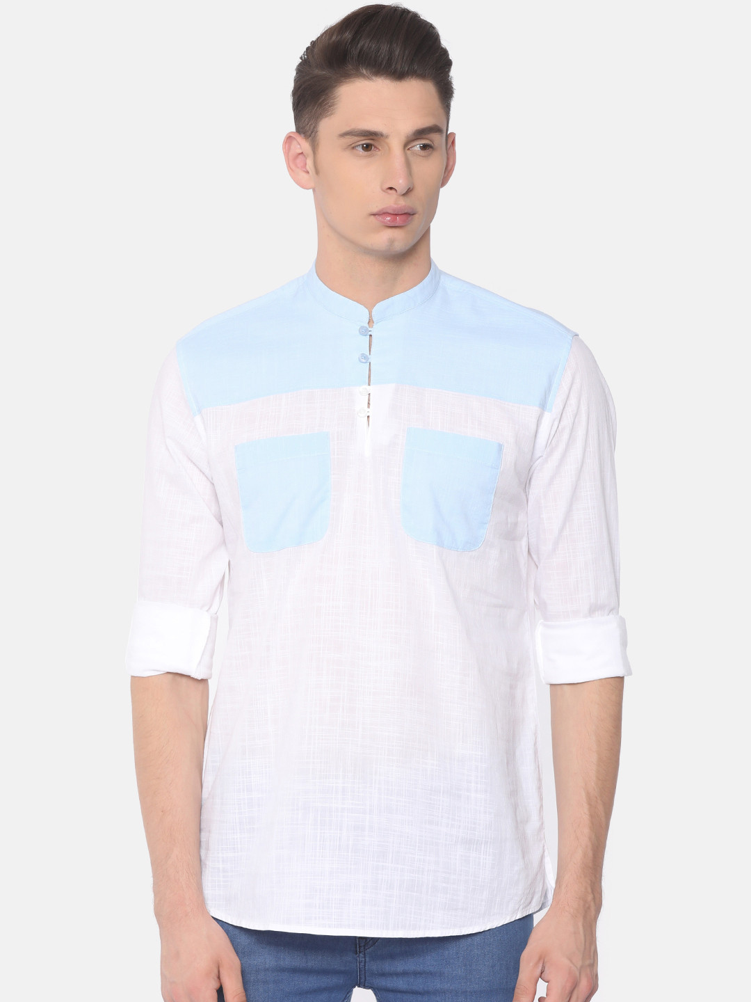 Buy Independence Club Men White & Blue Colourblocked Straight Kurta