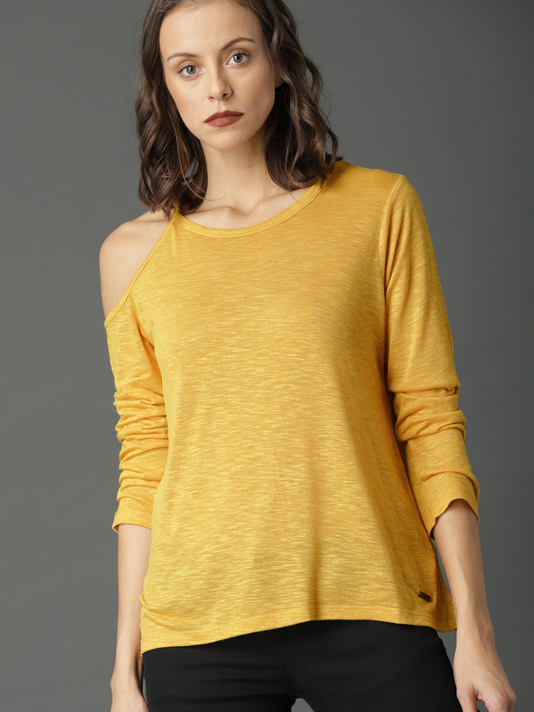 Buy Roadster Women Mustard Yellow Solid Top Tops for Women 3890467