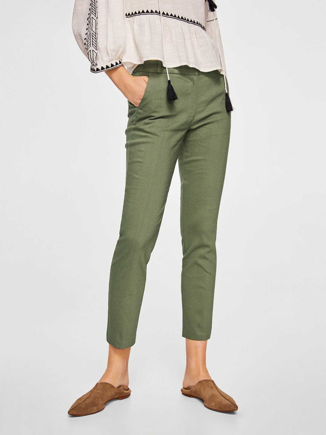 Buy MANGO Women Olive Green Regular Fit Solid Cropped Trousers