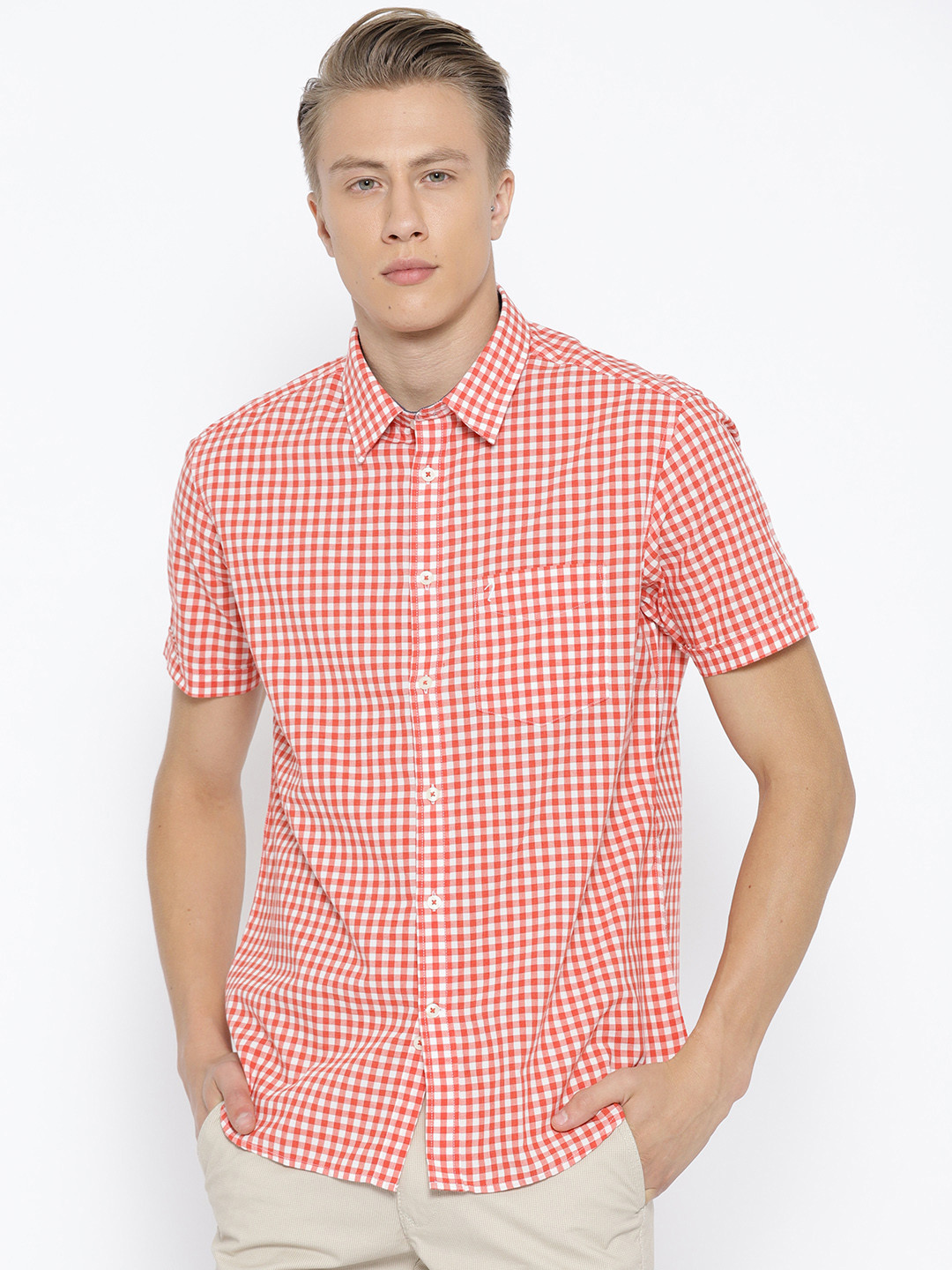Buy Indian Terrain Men Red & White Slim Fit Checked Casual Shirt ...