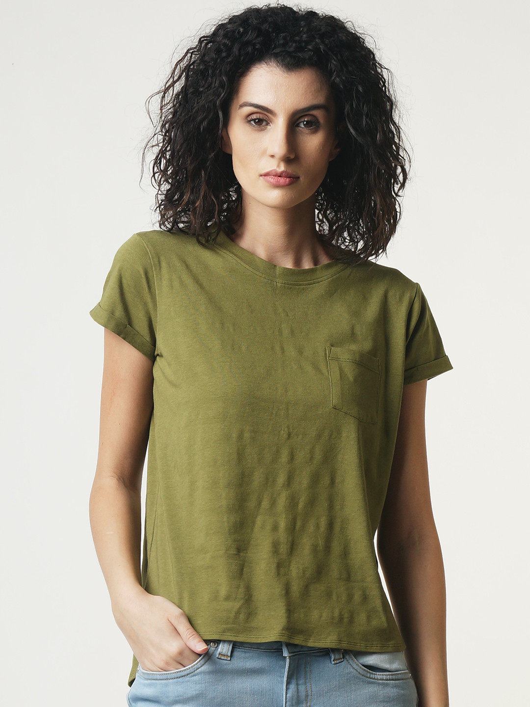 Buy Blue Saint Women Olive Green Solid Round Neck T Shirt Tshirts for