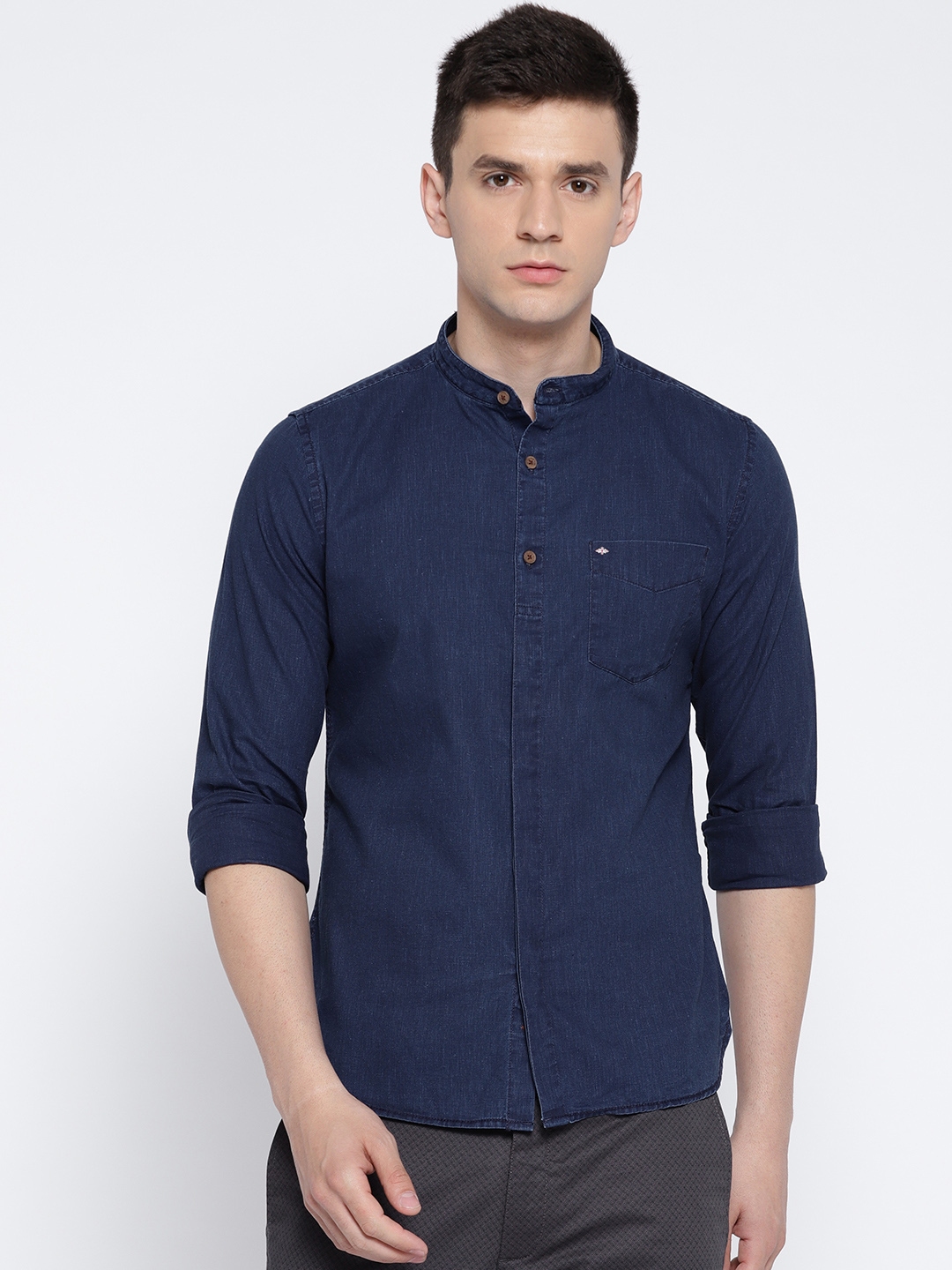 Buy Lee Cooper Men Navy Blue Contemporary Regular Fit Solid Denim Shirt ...