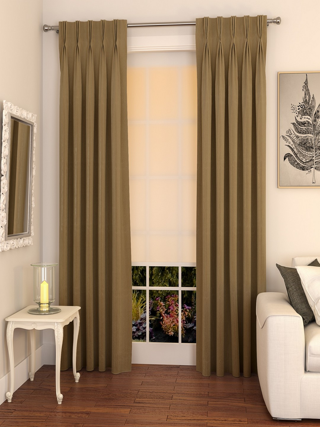 Buy CURTAIN LABEL Khaki Self Design Set Of 2 Long Door Curtains
