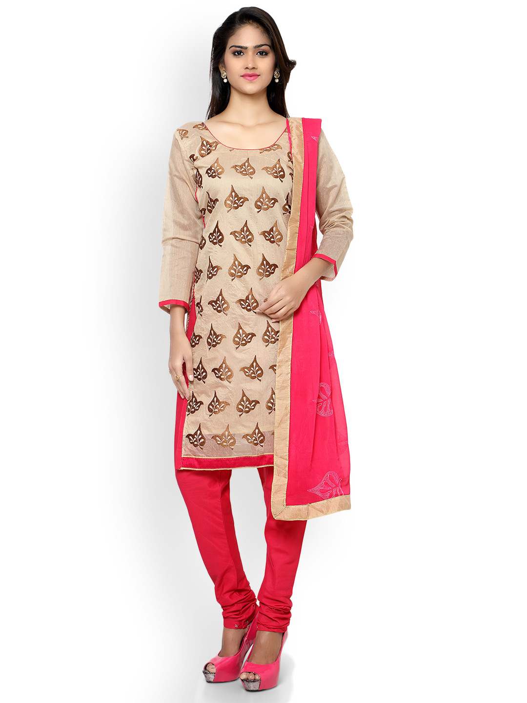 Buy Satrani Beige & Pink Cotton Blend Unstitched Dress Material Dress Material for Women