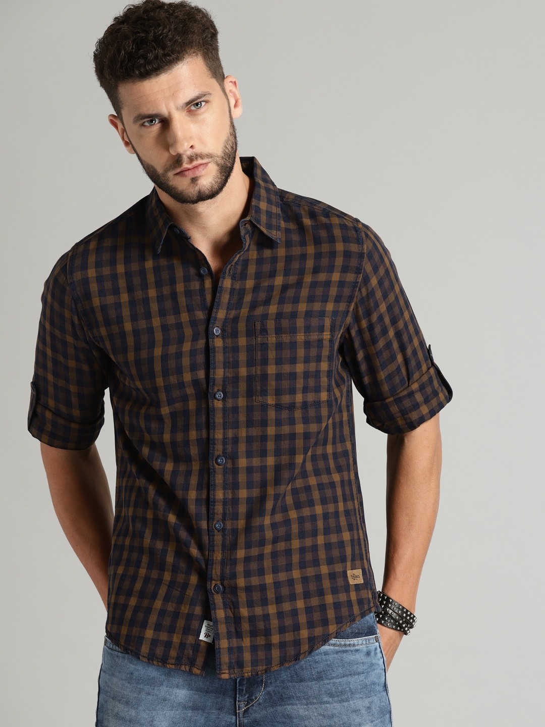 Buy Roadster Men Navy Blue & Brown Regular Fit Checked Casual Shirt ...