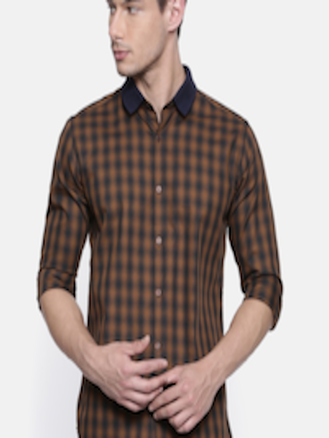 Buy Park Avenue Men Brown & Navy Blue Slim Fit Checked Casual Shirt ...