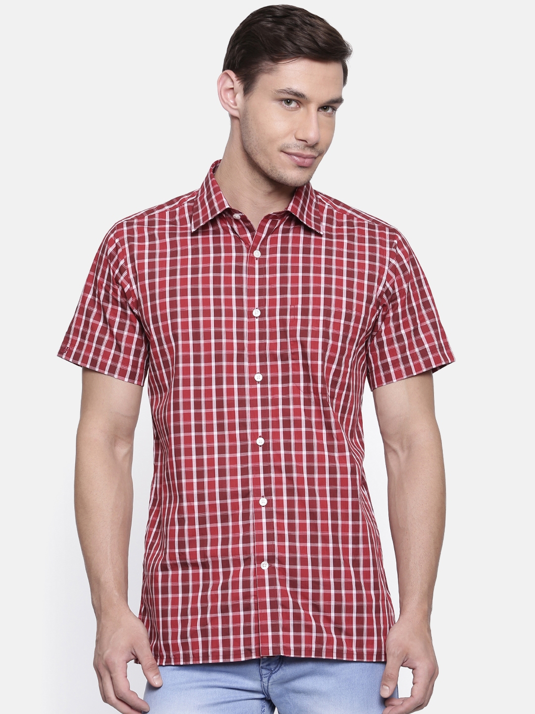 Buy Raymond Men Red Contemporary Regular Fit Checked Casual Shirt ...