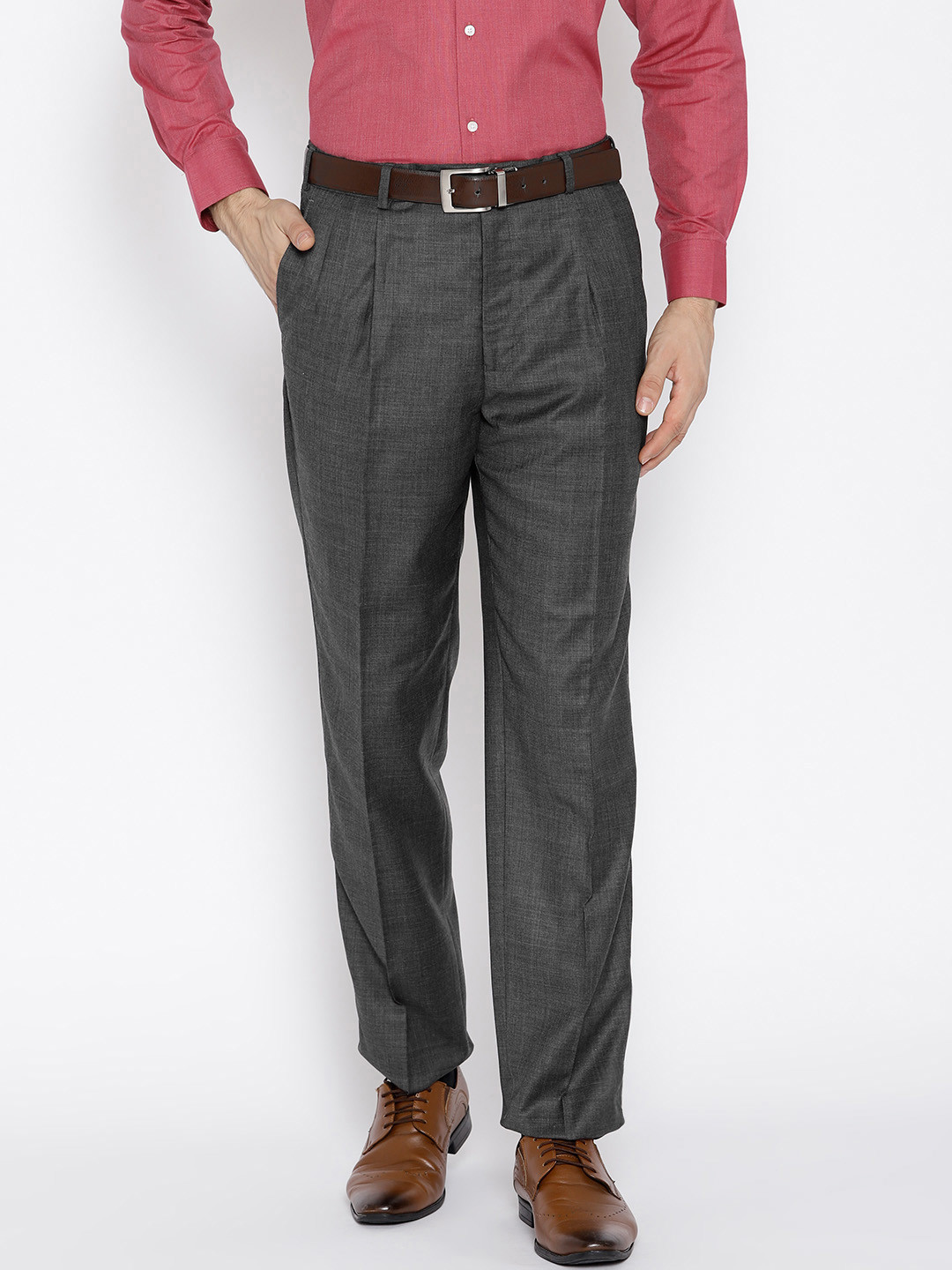 Buy Raymond Men Charcoal Grey Classic Fit Solid Formal Trousers ...