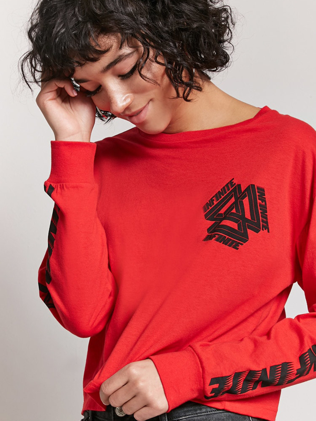 Buy FOREVER 21 Women Red Printed Round Neck Pure Cotton T Shirt