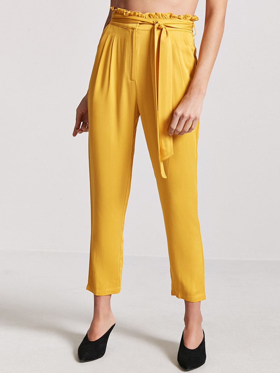 Buy FOREVER 21 Women Mustard Yellow Solid Cropped Peg Trousers