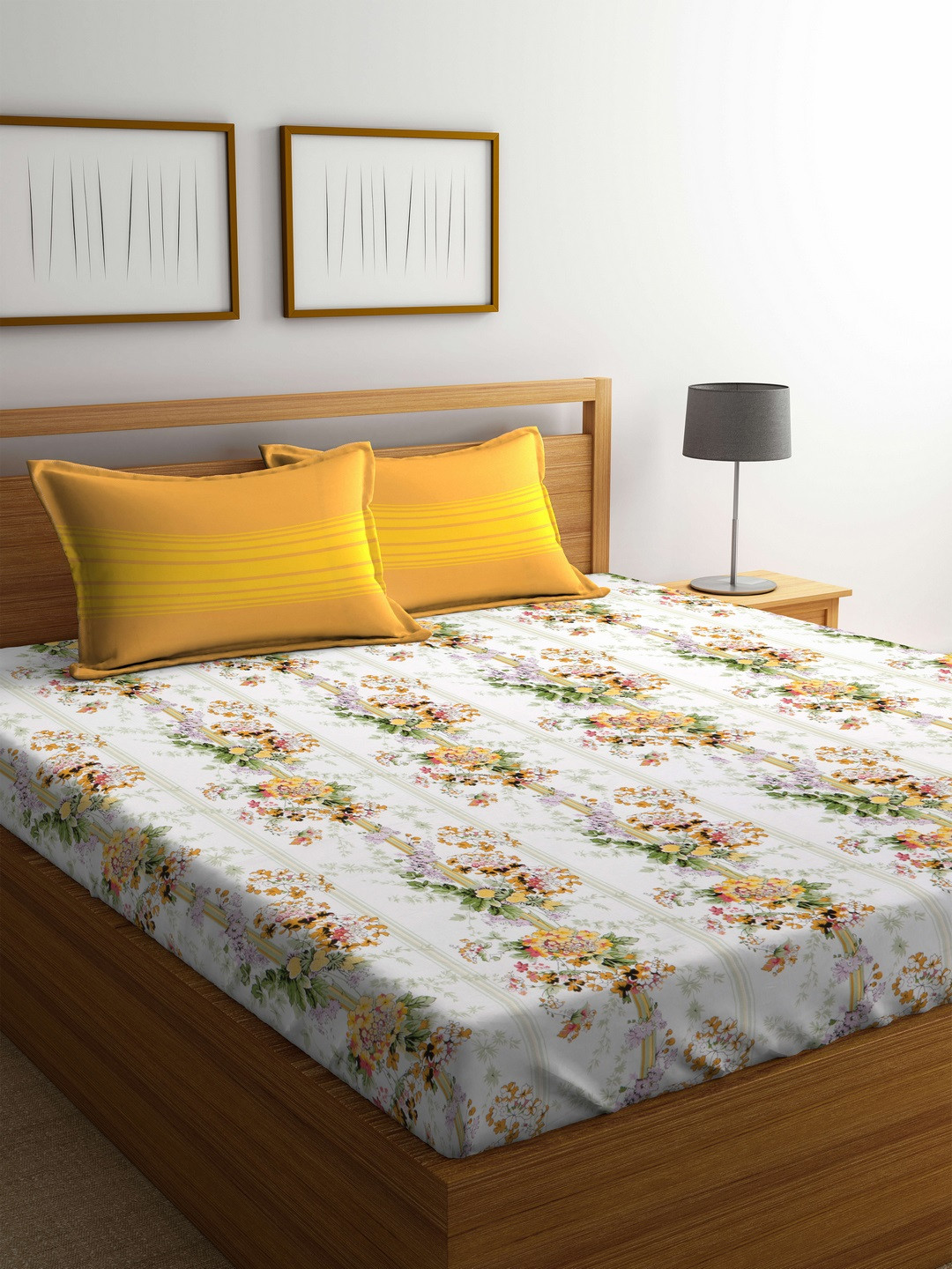 Buy MYTRIDENT White Yellow Floral Flat 144 TC Cotton 1 Queen Bedsheet